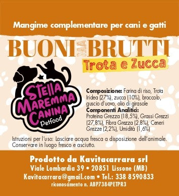 Buoni ma Brutti, Biscotti per cani e gatti Trota, Zucca e Broccolo 250 gr