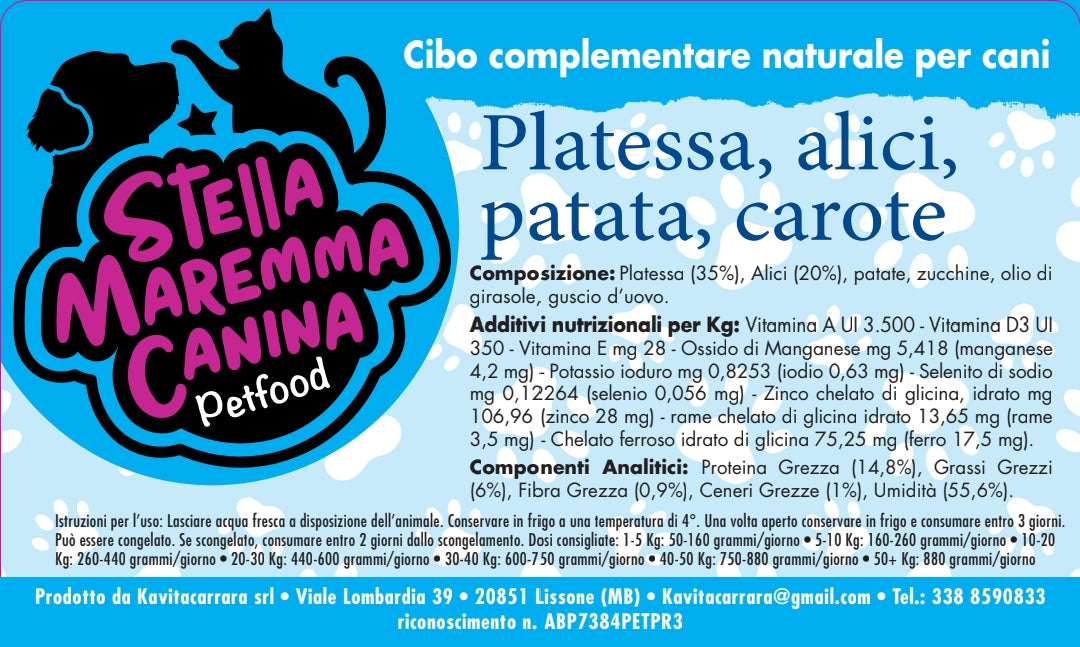 Platessa, Alici, Patata e Carota. Cibo umido Cani Piccola Taglia 160 gr