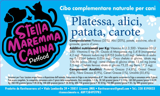 Platessa, Alici, Patata e Carota. Cibo umido Cani Piccola Taglia 160 gr